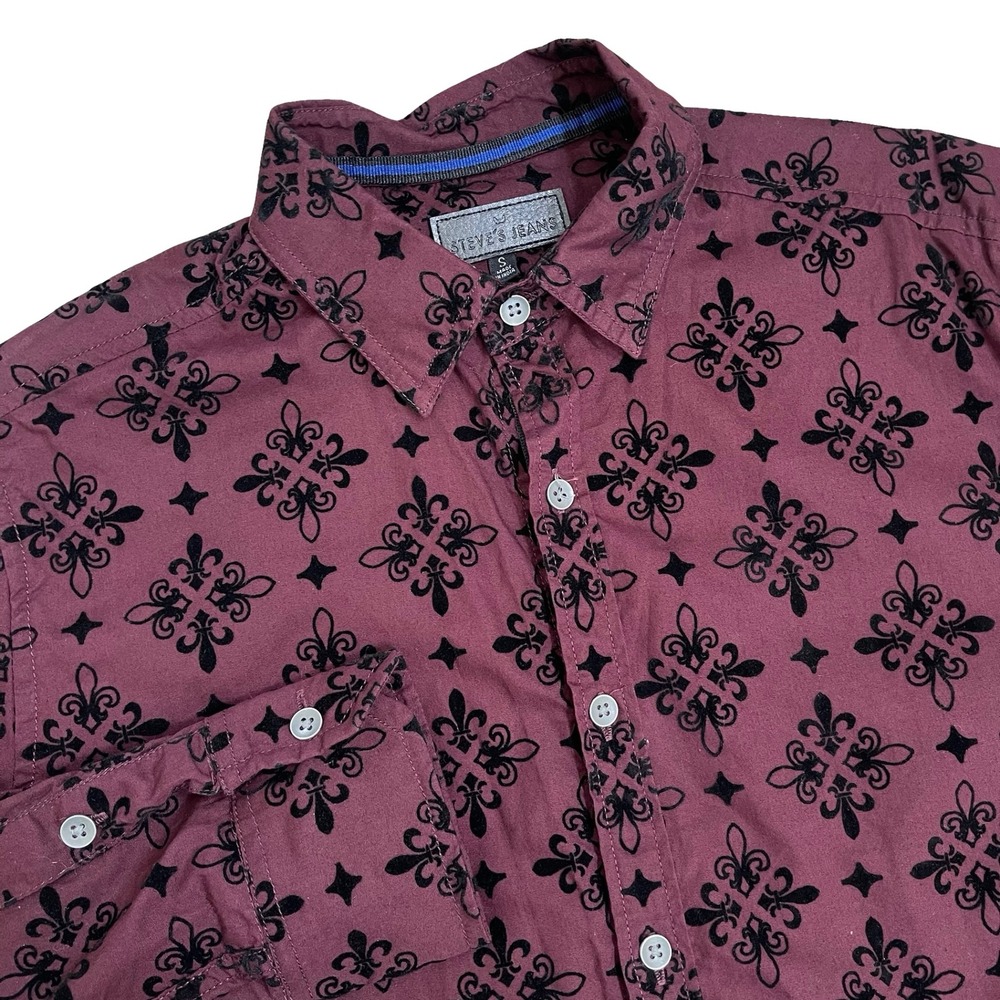 Steve's Jeans Men's Burgundy Black Fleur de Lis Button Up Shirt S Y2K Skater